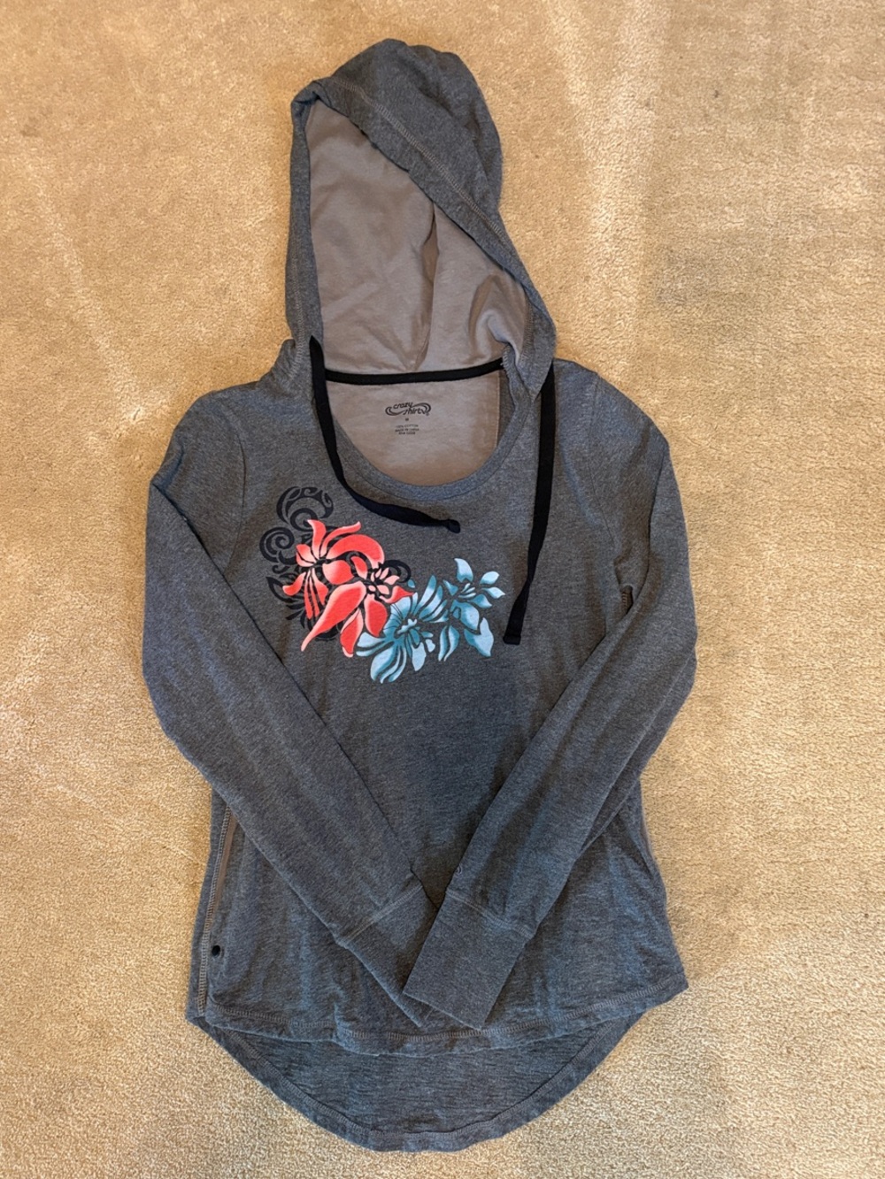 Crazy Shirt Hawaii Gray Hooded Long-Sleeve Top with Coral & Teal Floral Graphic